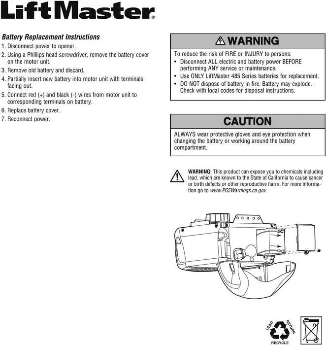 LiftMaster/Chamberlain Replacement Part - 485LM Integrated Battery Back Up System For Garage Door Openers 3850, 8360, and 8550 Models  - 100% OEM Manufacturers with New Production Dates for US Vendor GarageDoorProject®